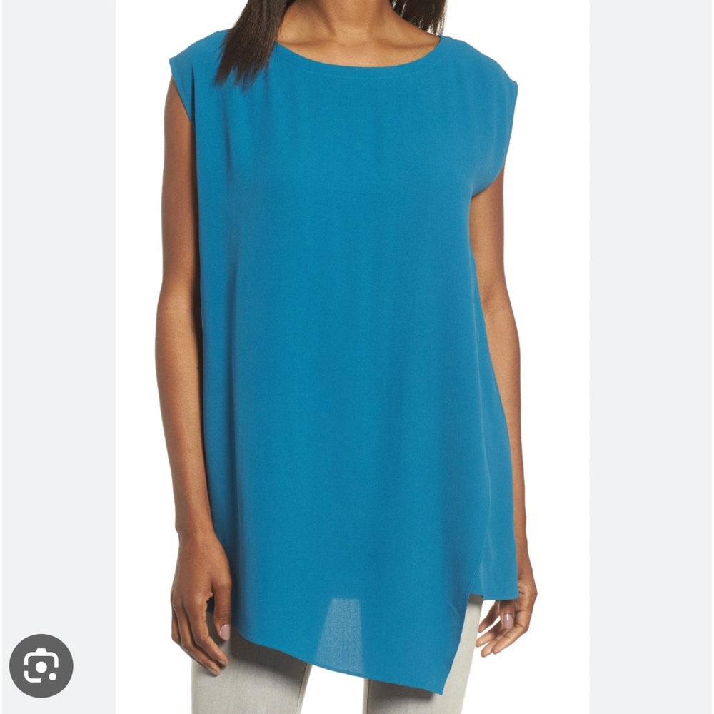 Eileen Fisher Asymmetrical silk teal blue Nile georgette crepe tunic